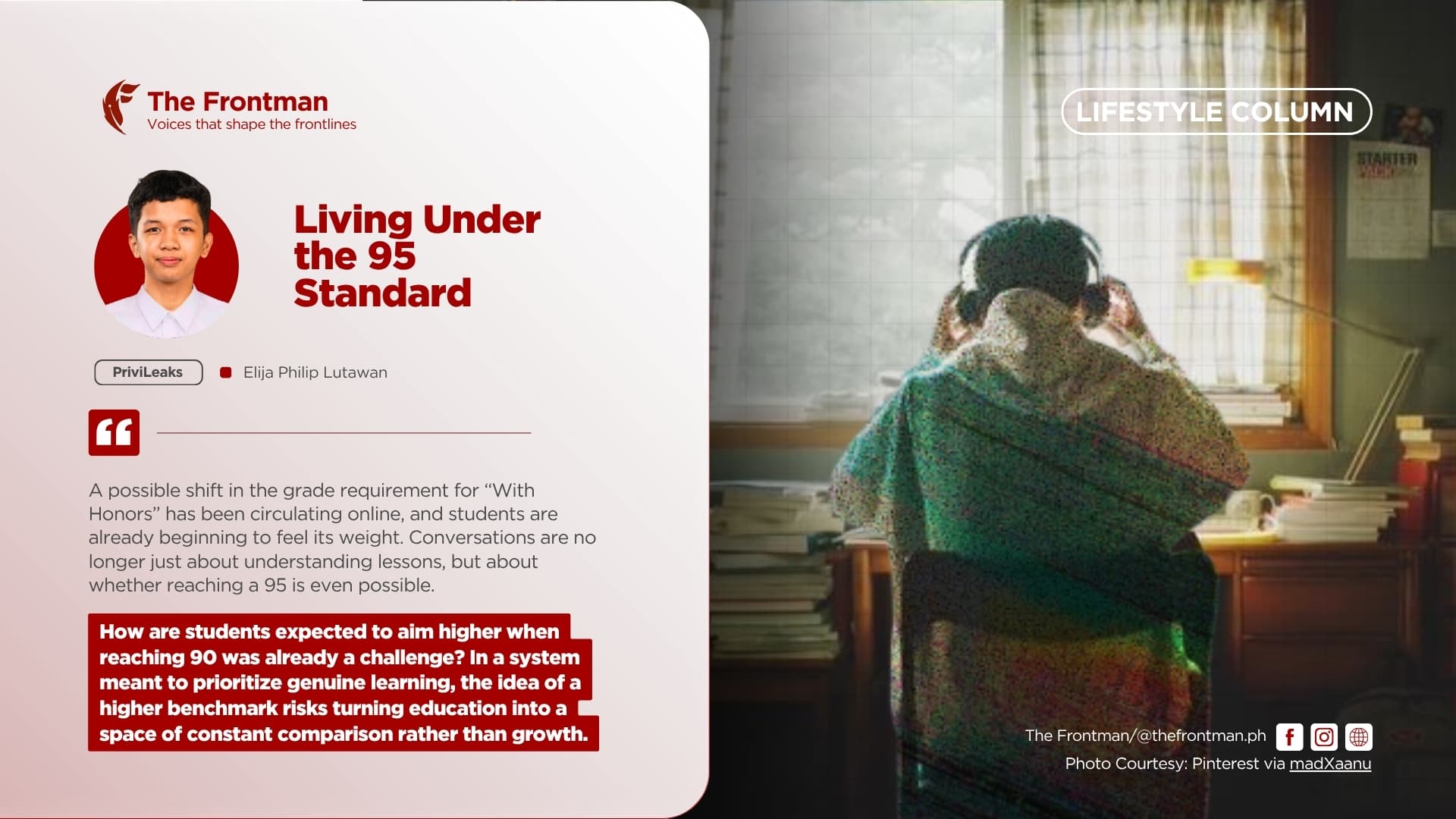 LIFESTYLE COLUMN | Living Under the 95 Standard
