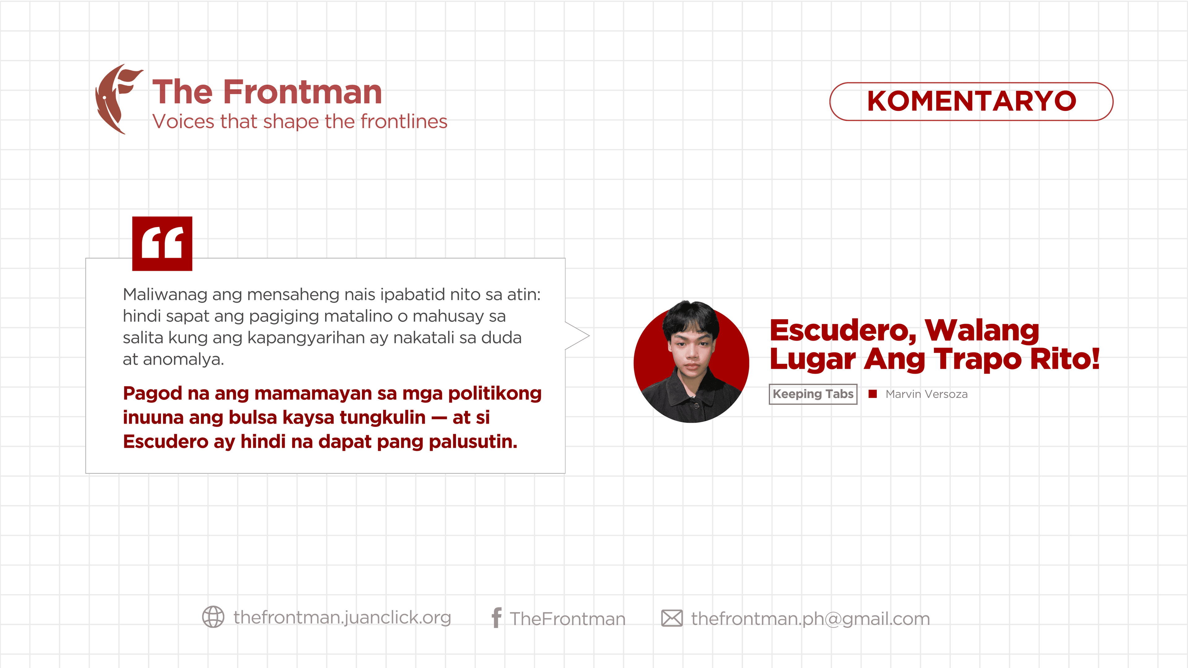 KOMENTARYO | Escudero, Walang Lugar Ang Trapo Rito!